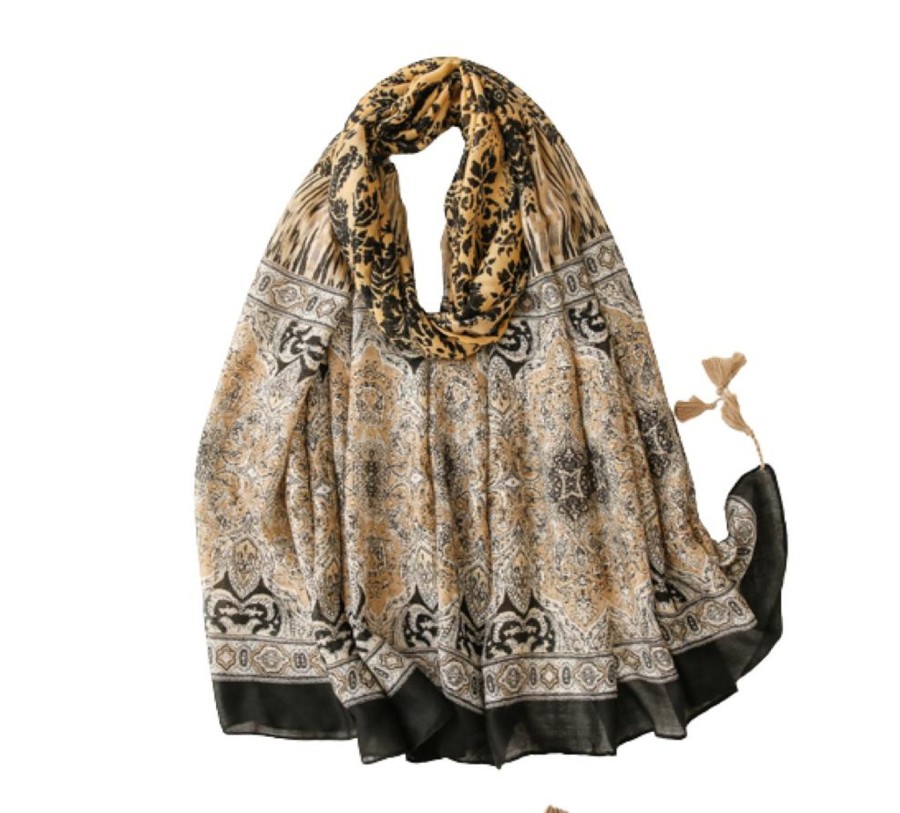 Women don't ask Hats, Gloves, & Scarves | Brown And Damask Scarf - Don'T Ask Black