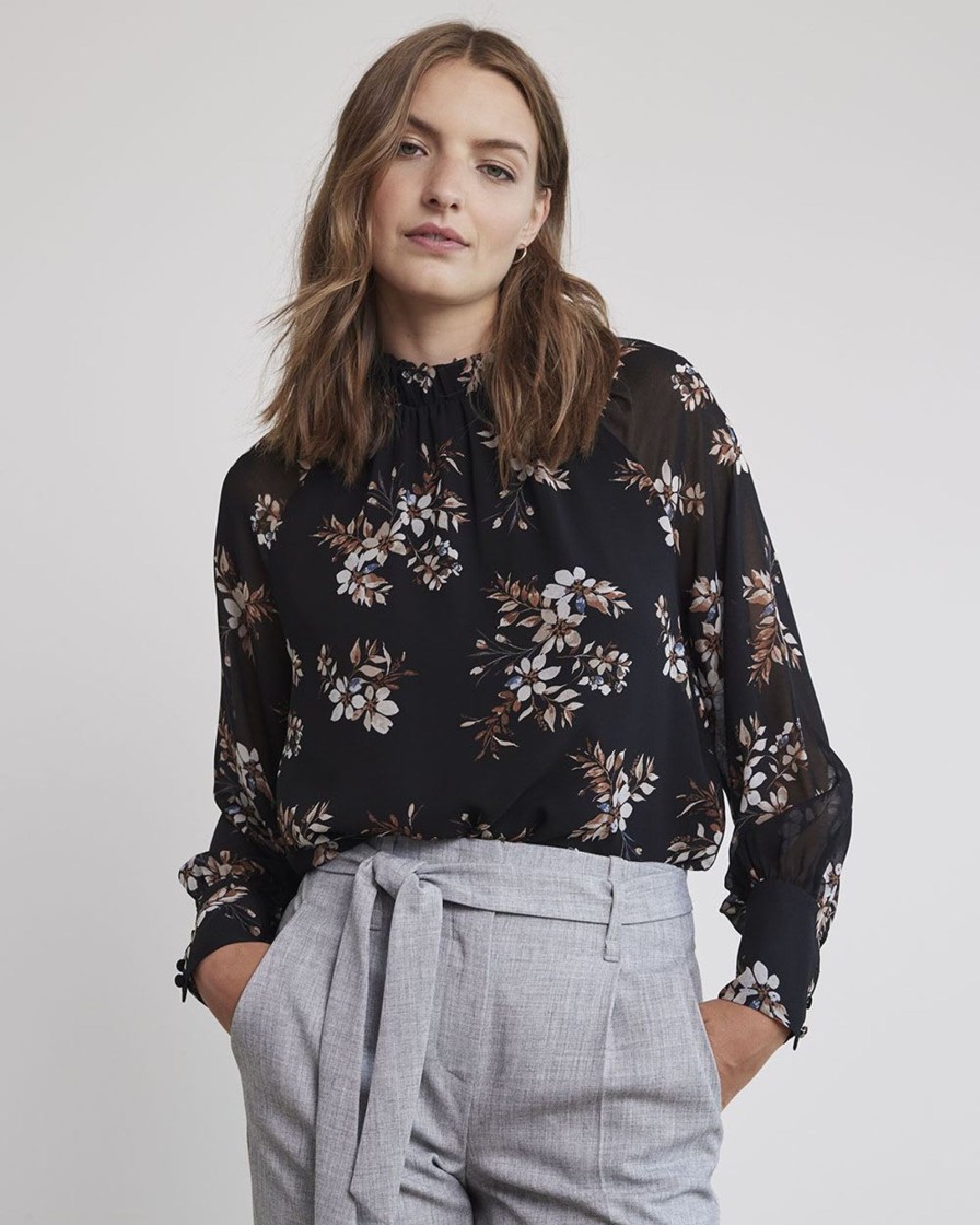 Women r.w. & co. Blouses & Shirts | Mock-Neck Popover Blouse With Long Balloon Sleeves Black Floral Multi