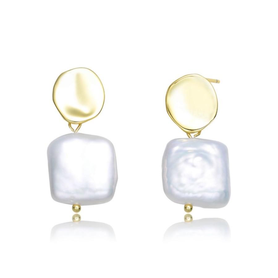 Women genevive Jewelry | Very Stylish Sterling Silver With 14K Yellow Plating And Genuine Freshwater Pearl Dangling Earrings Gold