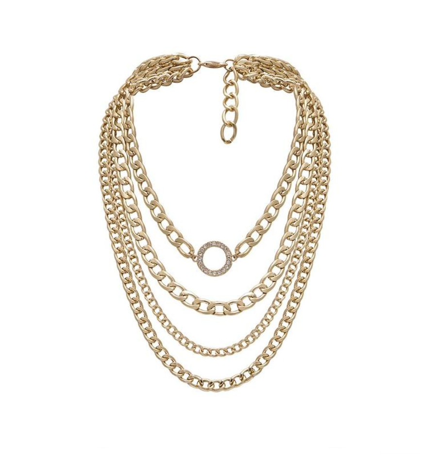 Women don't ask Jewelry | Tone Chain Link Layered Necklace With Crystal Pave Circle Detail- Don'T Ask Gold