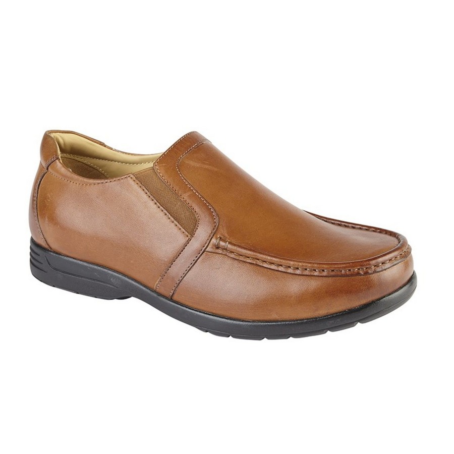 Men roamers Shoes | Roamers - Mens Leather Xxx Extra Wide Twin Gusset Casual Shoe Medium Brown