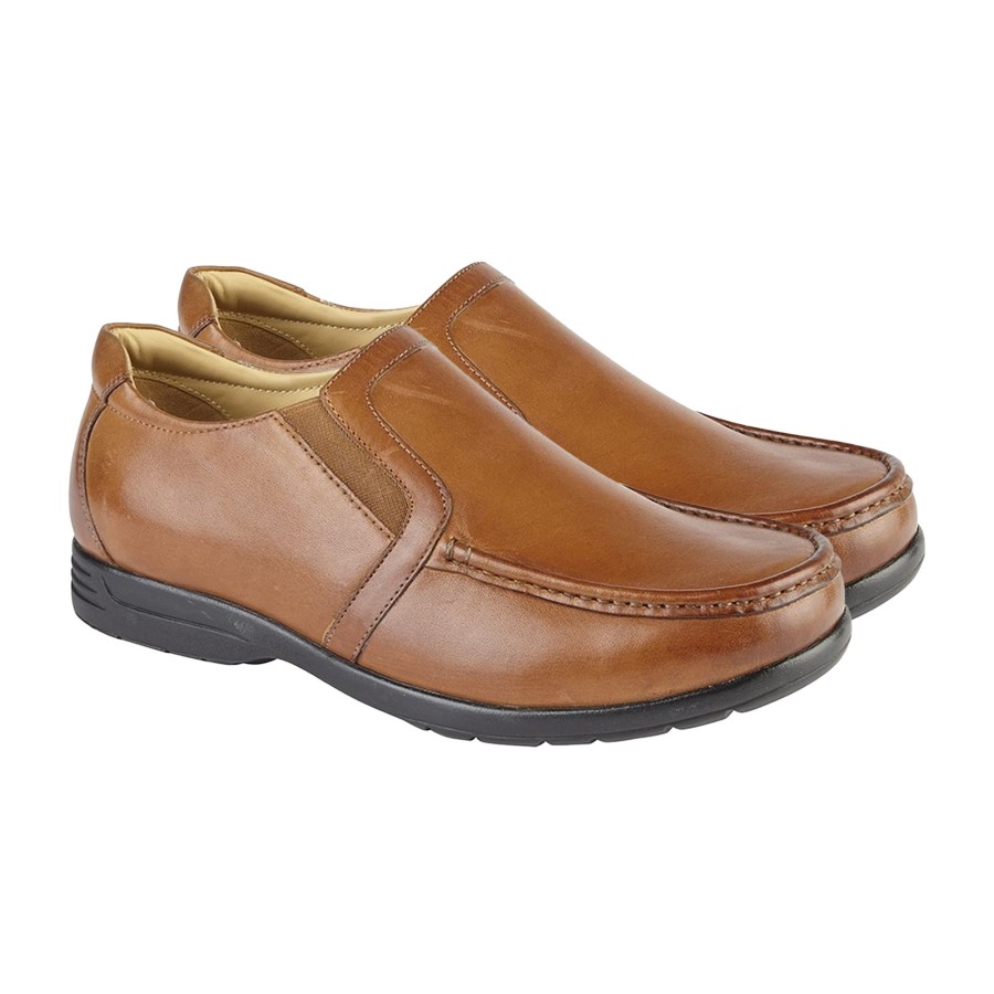 Men roamers Shoes | Roamers - Mens Leather Xxx Extra Wide Twin Gusset Casual Shoe Medium Brown