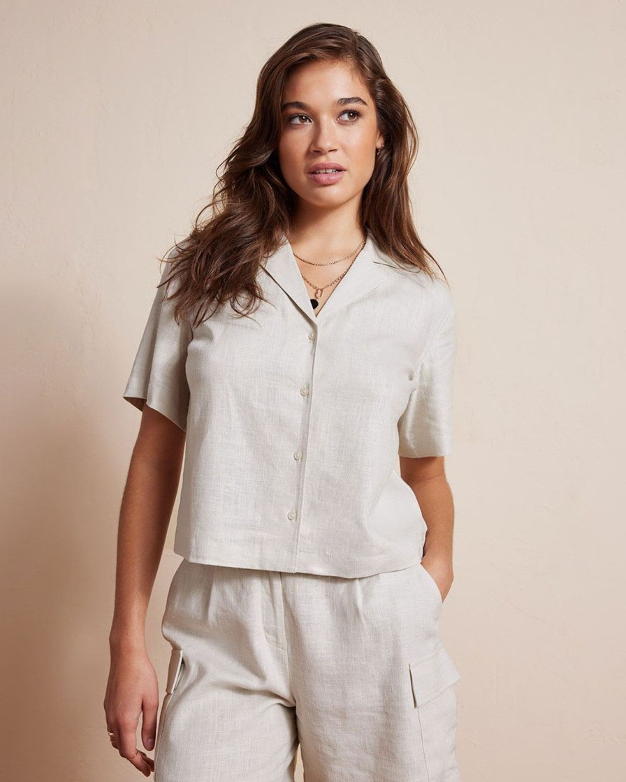 Women r.w. & co. Tops | Short-Sleeve Buttoned-Down Linen Blouse Moonbeam