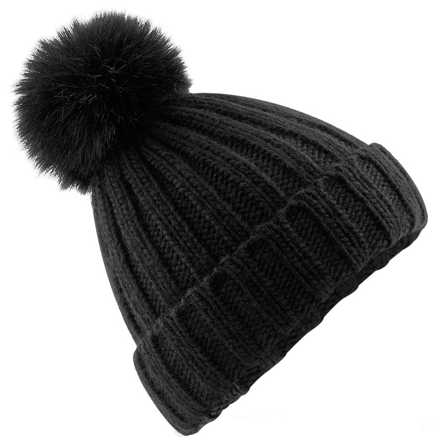 Men beechfield Scarves, Gloves & Hats | Beechfield - Unisex Adult Verbier Faux Fur Pom Pom Beanie Black