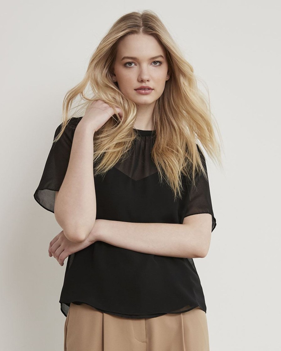 Women r.w. & co. Blouses & Shirts | Short-Sleeve Chiffon Blouse With Removable Lining Black