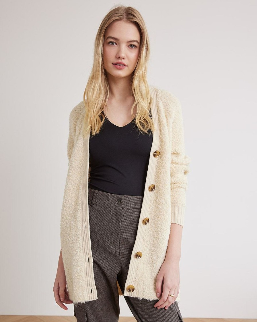 Women r.w. & co. Sweaters & Cardigans | Long-Sleeve Buttoned-Down Boucle Cardigan Cream-