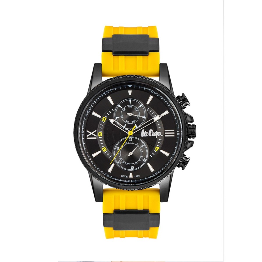 Men lee cooper Watches | Lee Cooper-Men'S Black 44Mm Watch W/Red Dial Dark Yellow