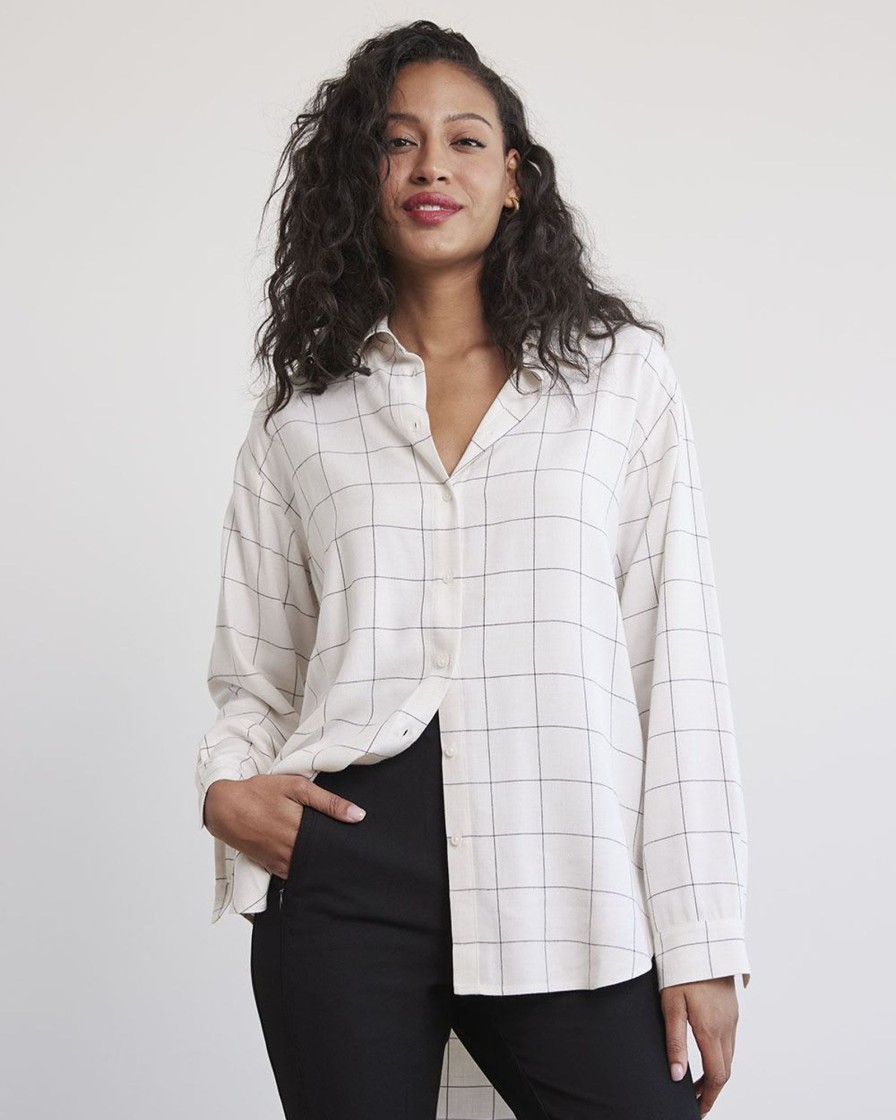 Women r.w. & co. Blouses & Shirts | Long-Sleeve Buttoned-Down Brushed Twill Blouse Off White Multi.