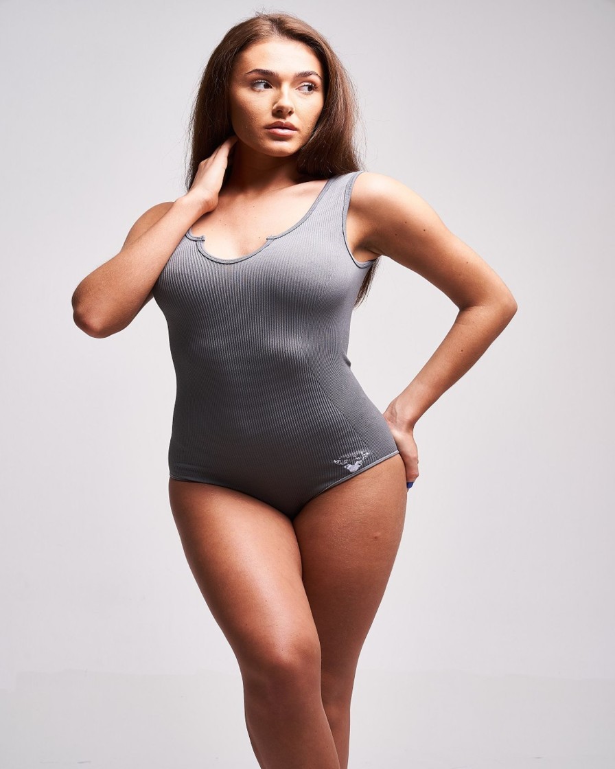 Women twill active Active Tops | Twill Active - Creora Recycled Rib Notch Neck Bodysuit - Grey Dark Grey