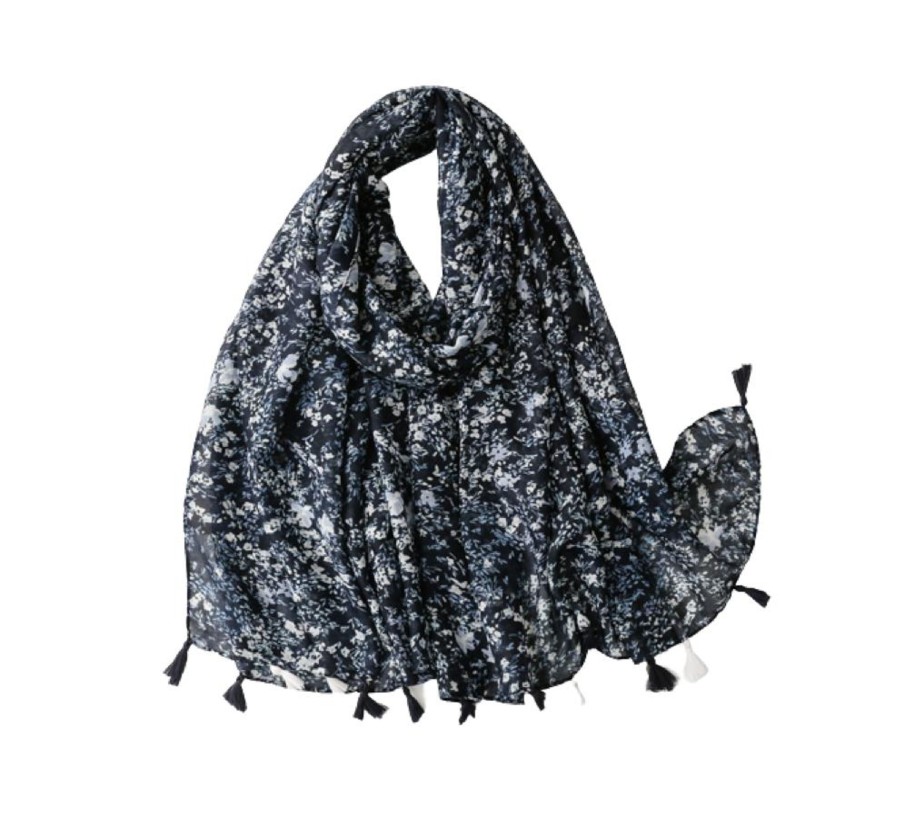 Women don't ask Hats, Gloves, & Scarves | Navy Mini Flower Scarf With Tassels - Don'T Ask Dark Blue