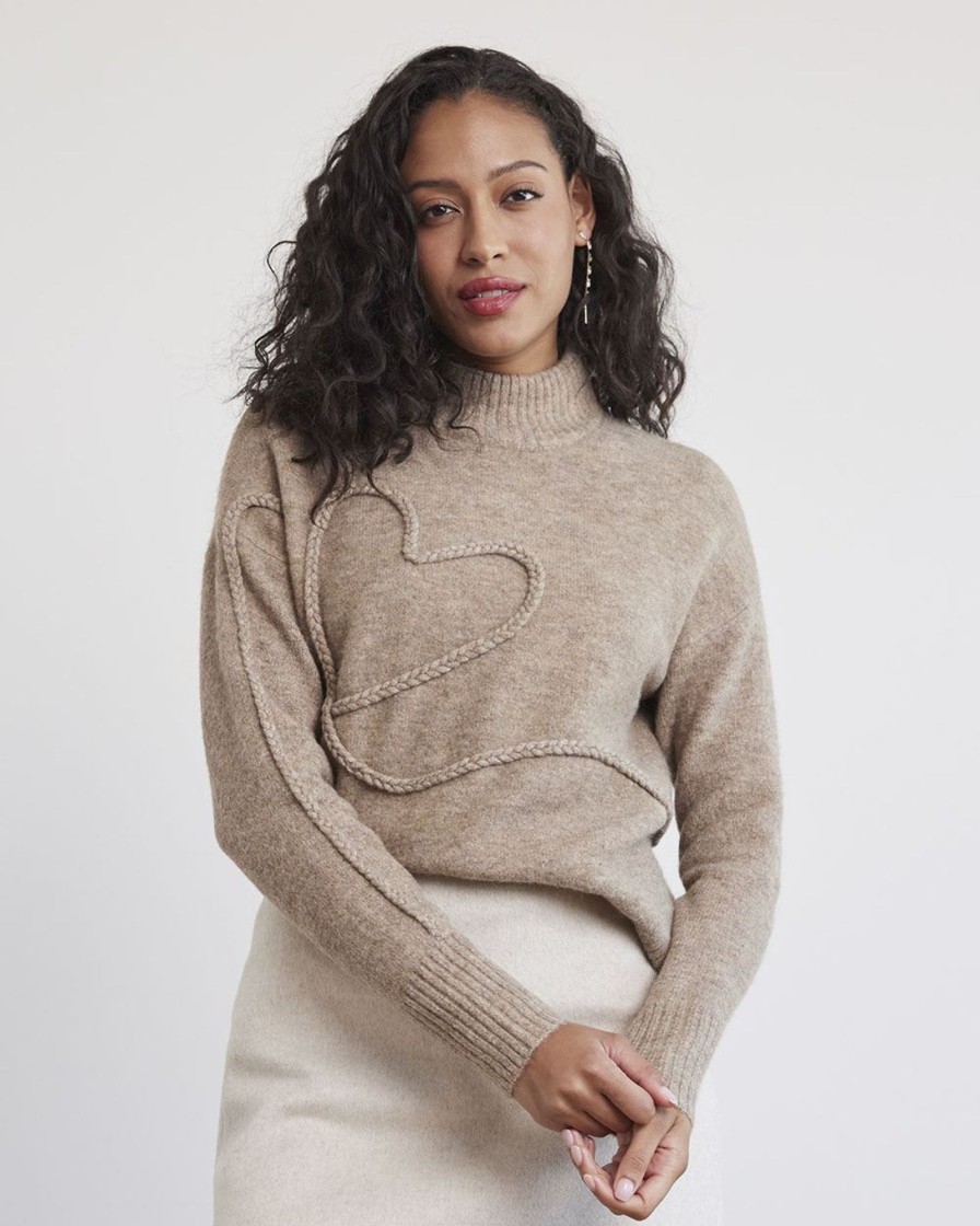 Women r.w. & co. Sweaters & Cardigans | Long-Sleeve Mock-Neck Sweater With Braided Heart Dark Beige Mix - Sw