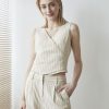 Women r.w. & co. Suits | Textured Stripe Wrap Sleeveless Vest Blouse Light Beige