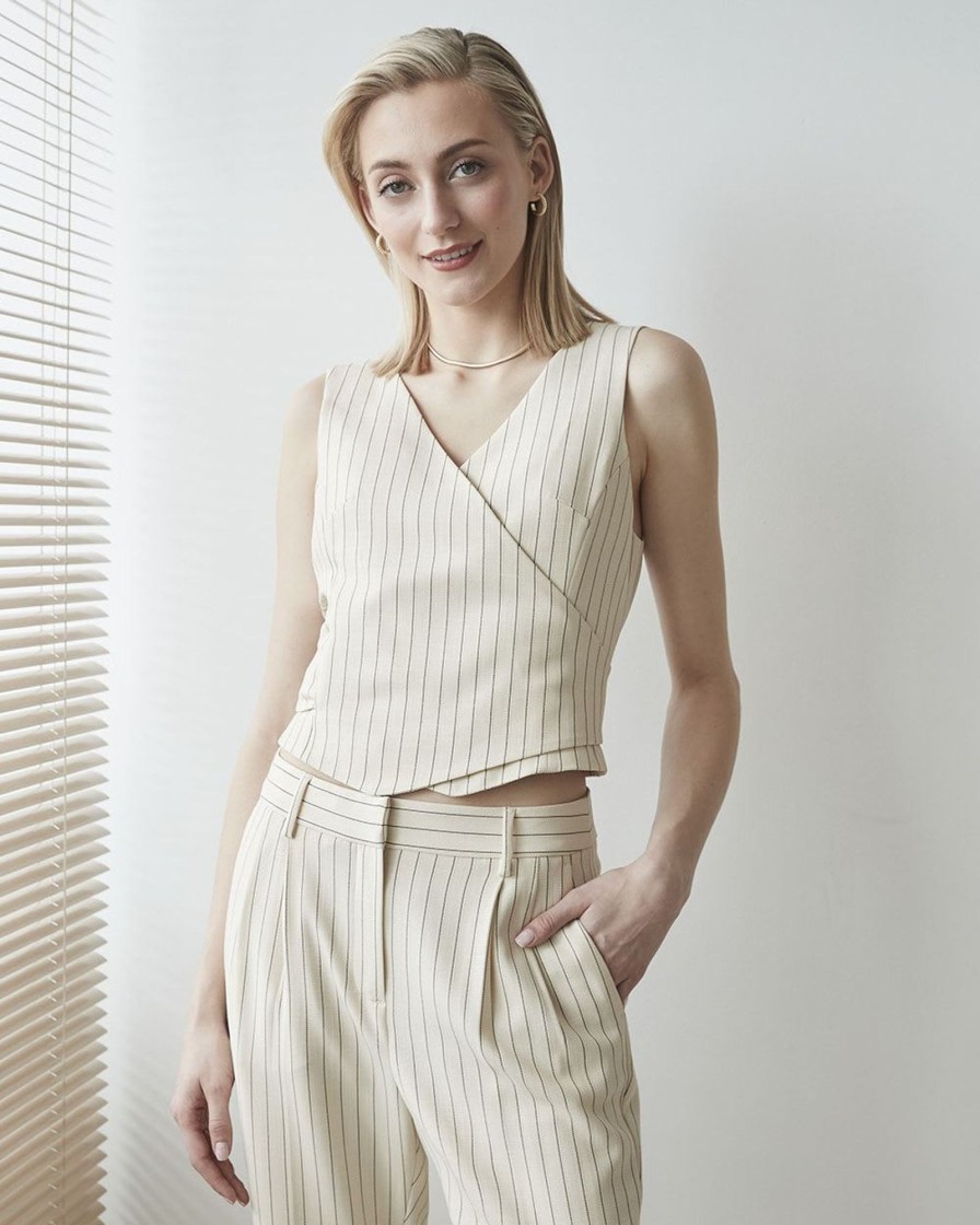 Women r.w. & co. Suits | Textured Stripe Wrap Sleeveless Vest Blouse Light Beige