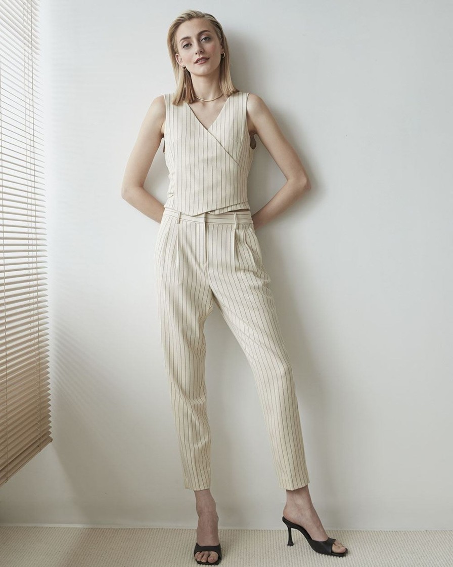 Women r.w. & co. Suits | Textured Stripe Wrap Sleeveless Vest Blouse Light Beige