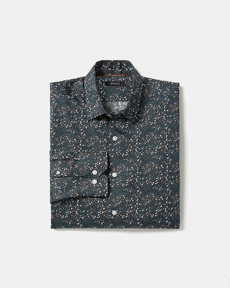 Men r.w. & co. Shirts | Tailored-Fit Dress Shirt With Tiny Floral Pattern Total Eclipse