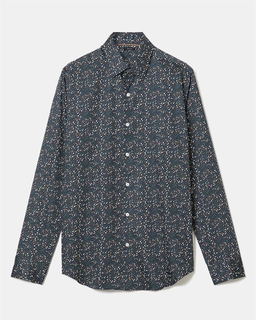 Men r.w. & co. Shirts | Tailored-Fit Dress Shirt With Tiny Floral Pattern Total Eclipse