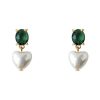 Women don't ask Jewelry | Goldtone Green Oval Crystal & Faux Pearl Heart Earrings - Don'T Ask Dark Green