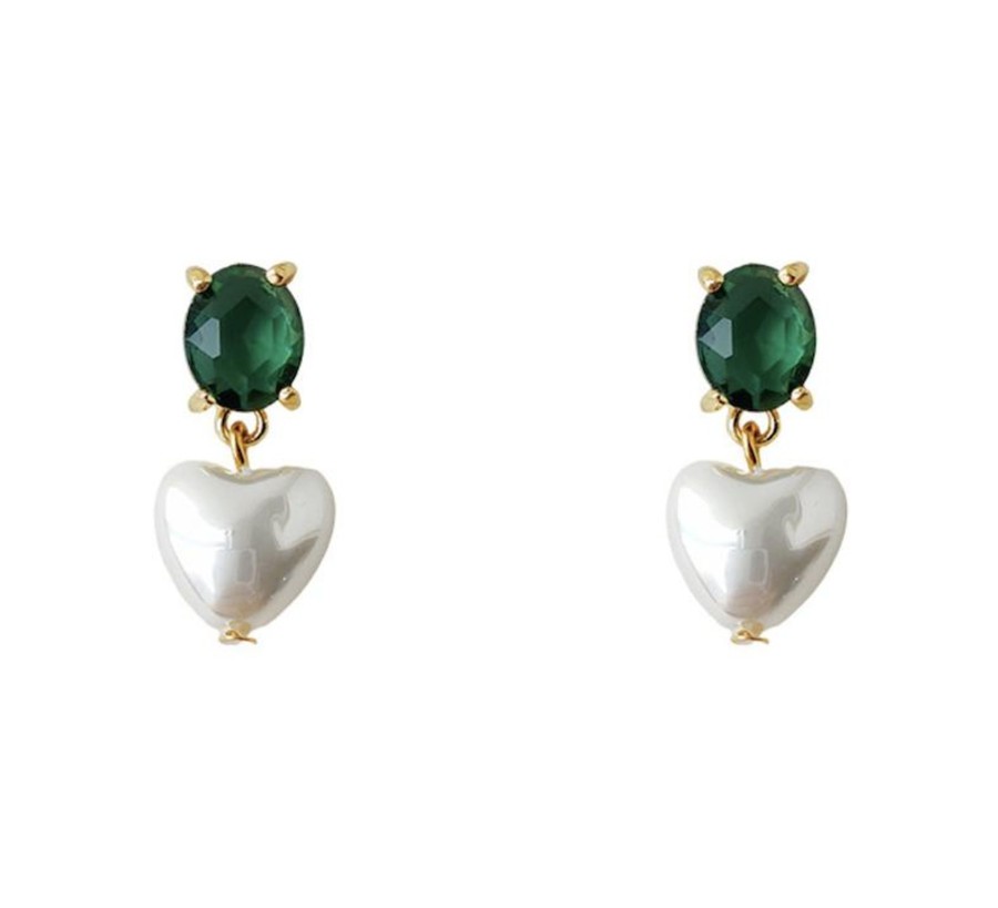 Women don't ask Jewelry | Goldtone Green Oval Crystal & Faux Pearl Heart Earrings - Don'T Ask Dark Green