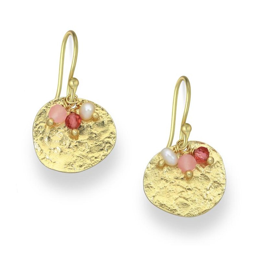 Women ag sterling Jewelry | 18K Tone Plated Sterling Silver Hammered Circular & Pink Mix Cz Gemstone Drop Earrings- Ag Sterling Gold