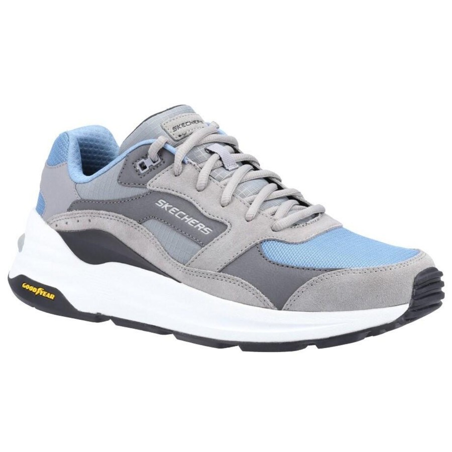 Men skechers Shoes | Skechers - Mens Global Jogger Leather Sneakers Light Grey