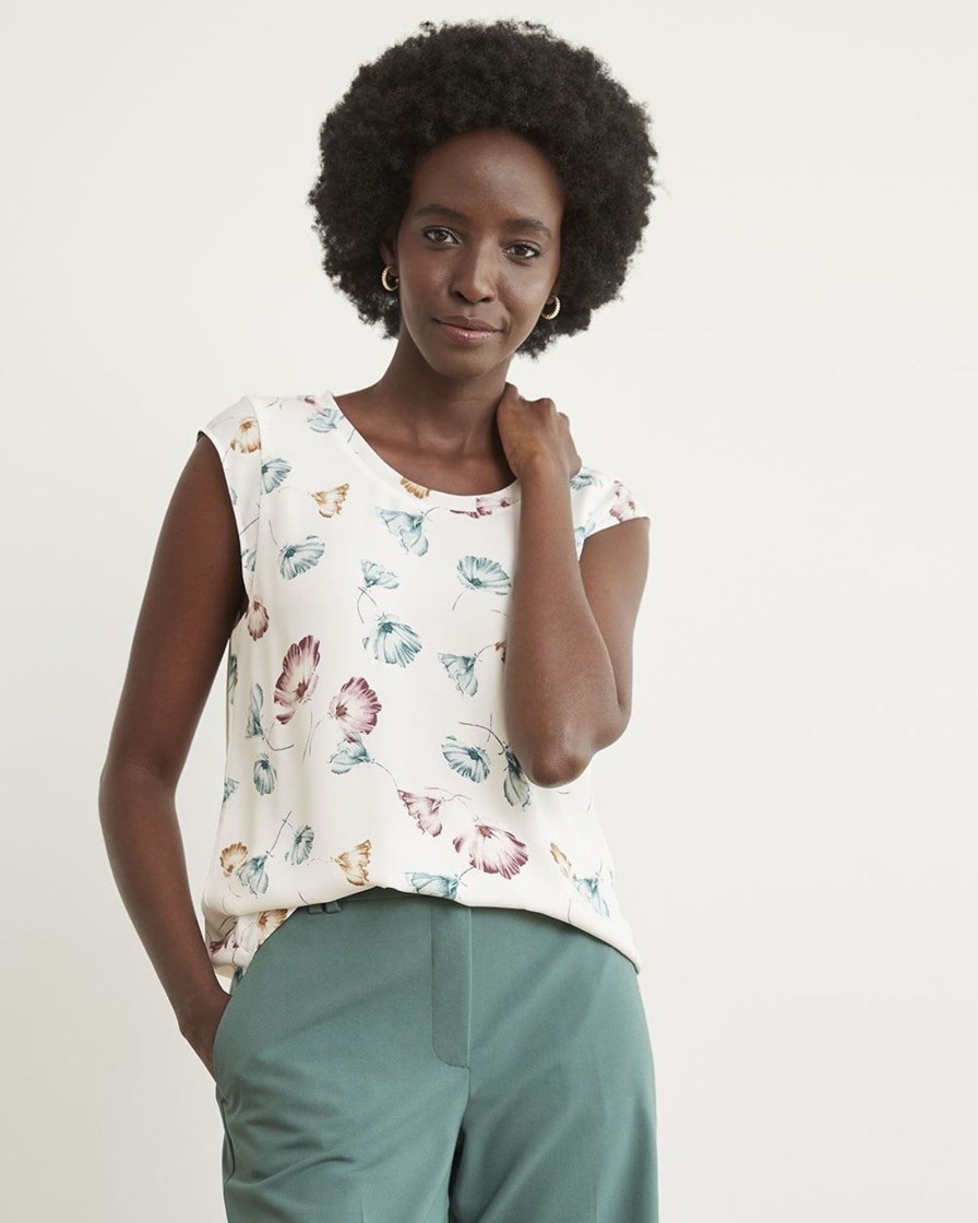 Women r.w. & co. Blouses & Shirts | Printed Silky Crepe Cap Sleeve Blouse Coconut Milk Light Floral Multi