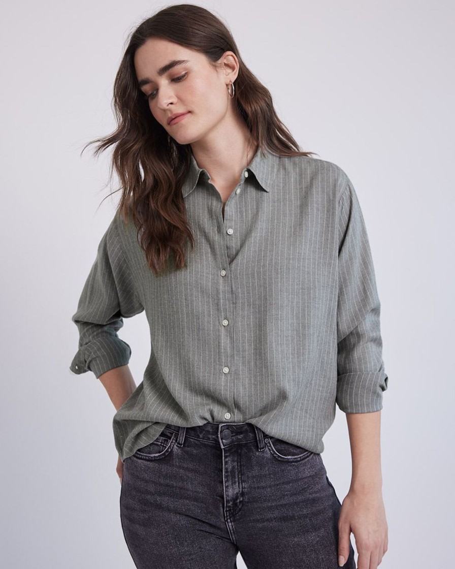 Women r.w. & co. Blouses & Shirts | Long-Sleeve Buttoned-Down Brushed Twill Blouse Dark Htr Grey