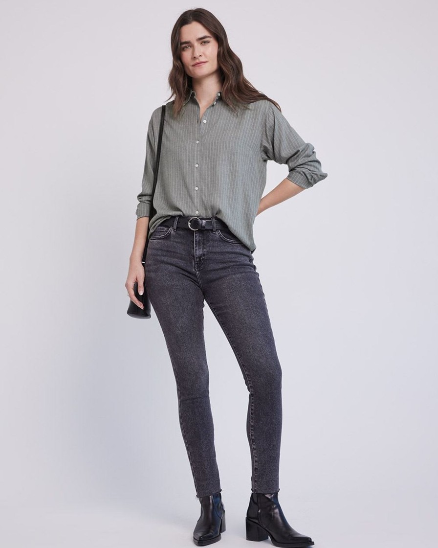 Women r.w. & co. Blouses & Shirts | Long-Sleeve Buttoned-Down Brushed Twill Blouse Dark Htr Grey