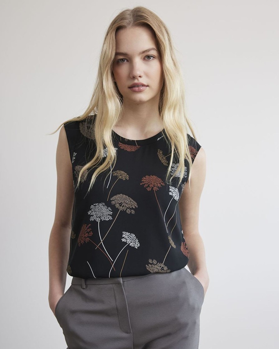 Women r.w. & co. Blouses & Shirts | Printed Silky Crepe Cap Sleeve Blouse Black Forest