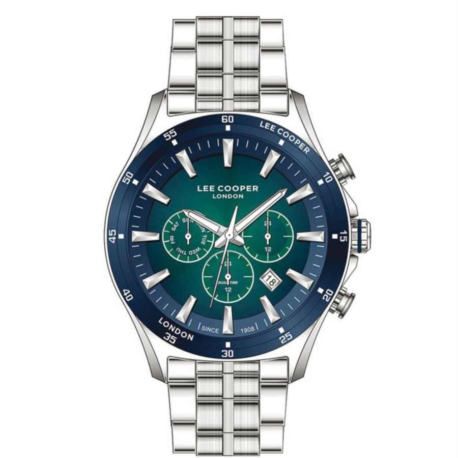 Men lee cooper Watches | Lee Cooper-Men'S Silver 45Mm Watch W/Blue Dial Dark Green