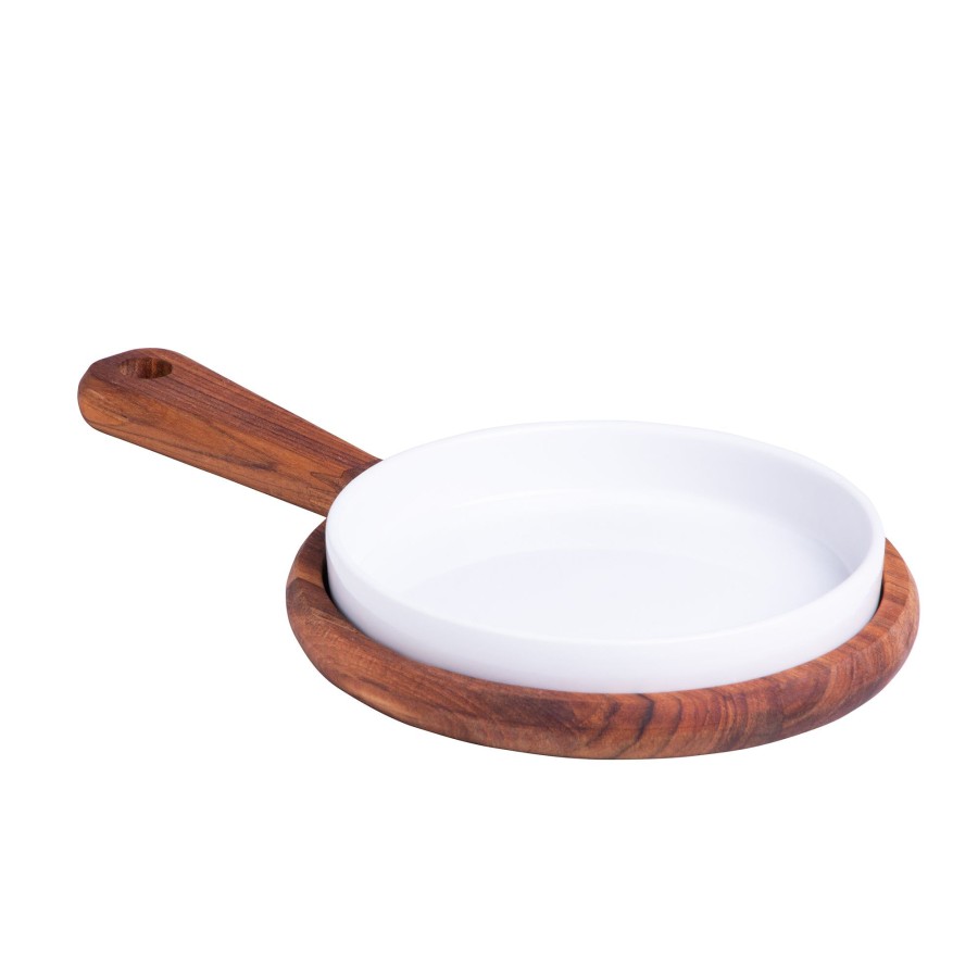 Home wolff | Teca Collection Wooden Serving Tray With Porcelain Platter 28X17X3Cm White