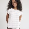 Women r.w. & co. Blouses & Shirts | Oversized Silky Crepe Crew-Neck Short Sleeve Blouse Coconut Milk Stripe Multi