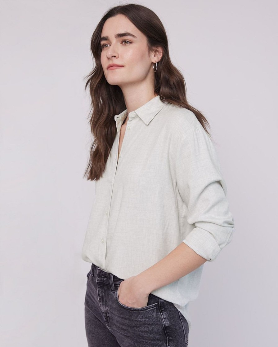 Women r.w. & co. Blouses & Shirts | Long-Sleeve Buttoned-Down Brushed Twill Blouse Rainy Day