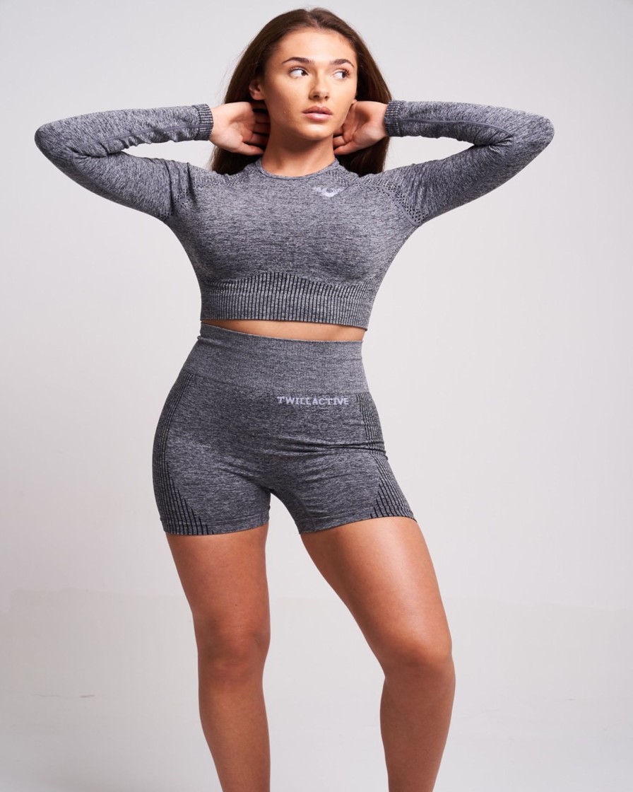 Women twill active Active Tops | Twill Active - Acelle Recycled Long Sleeve Crop Top - Grey Marl Dark Grey