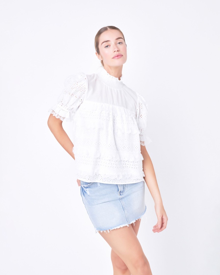 Women english factory Blouses & Shirts | English Factory- Short Sleeve Lace Babydoll Top White