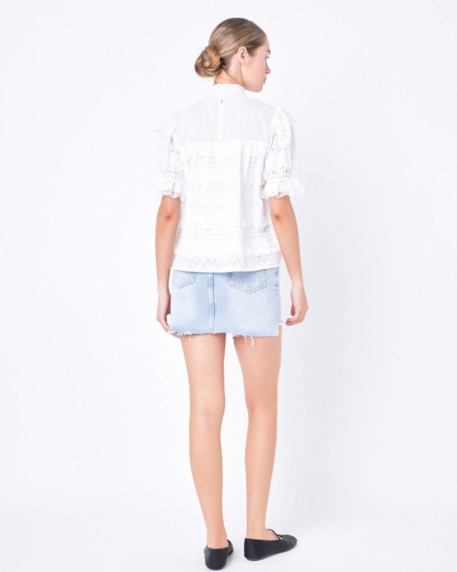 Women english factory Blouses & Shirts | English Factory- Short Sleeve Lace Babydoll Top White