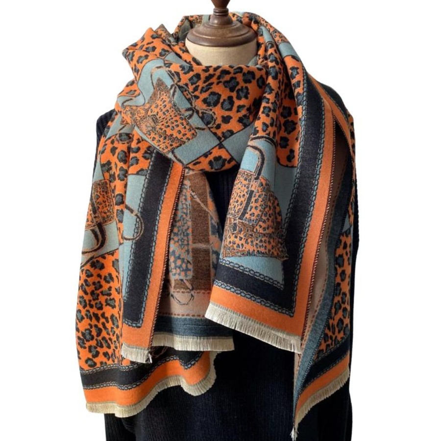 Women don't ask Hats, Gloves, & Scarves | Luxurious Leopard And Geometric Scarf In Dusy Blue- Don'T Ask Multicolor